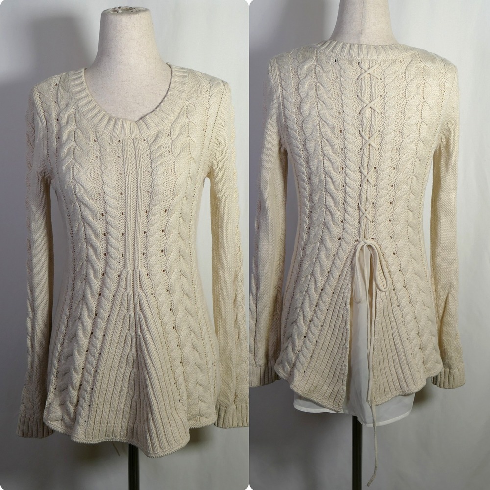 Cabi Womens Preppy Cable Knit Coquette Sweater Size XS Lace Up Back Old Money